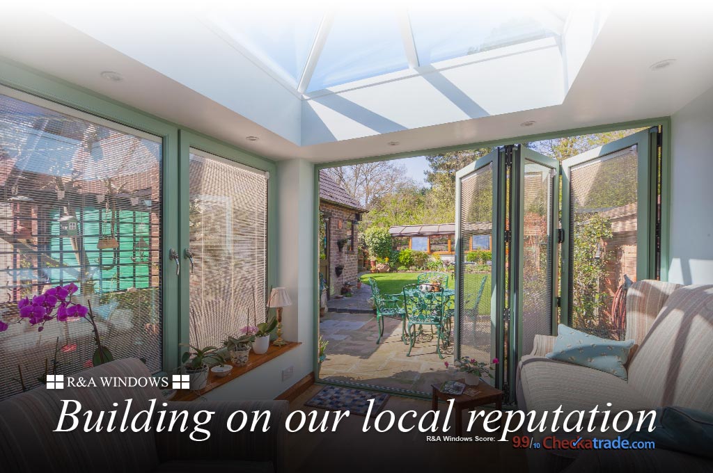 Modern Conservatory with brick walls and French doors